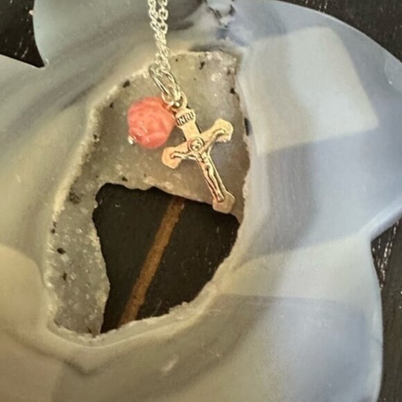 Silver Cross Pendant Necklace with Pink Bead - Picture 1 of 3